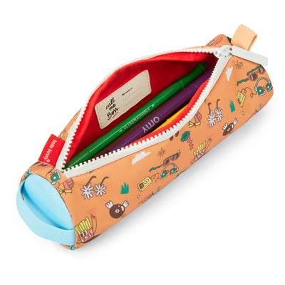 Estojo escolar infantil castanho com padrão de música, fecho éclair branco Hello Hossy