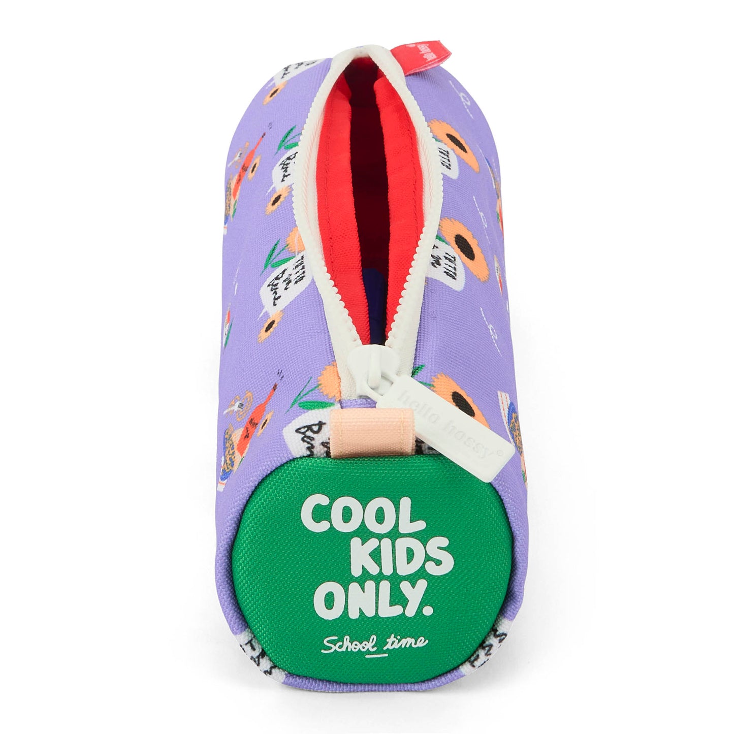 Estojo escolar infantil violeta com padrão de flores e inscrição verde Hello Hossy