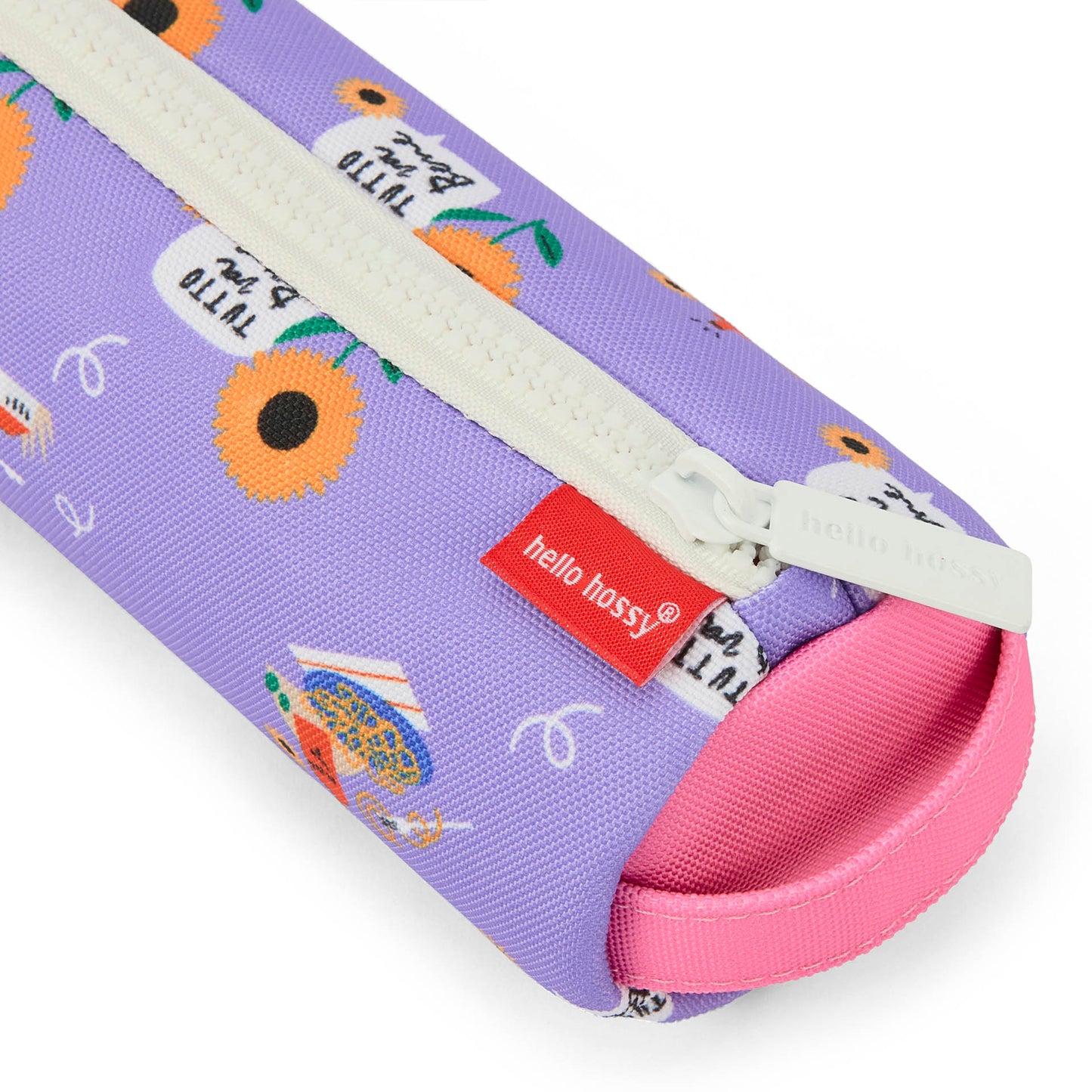 Estojo escolar infantil violeta padrão flores detalhes rosa Hello Hossy