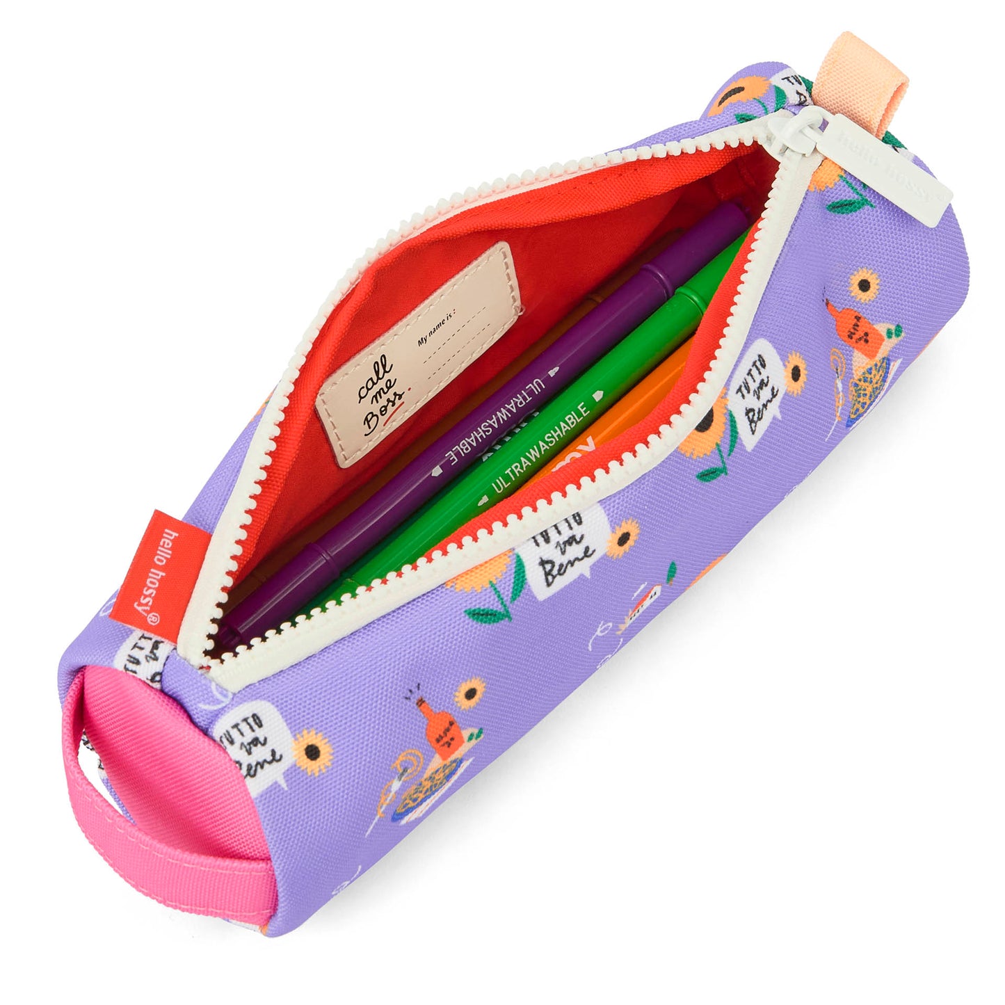 Estojo escolar infantil violeta com estampado de flores e detalhe interior vermelho Hello Hossy