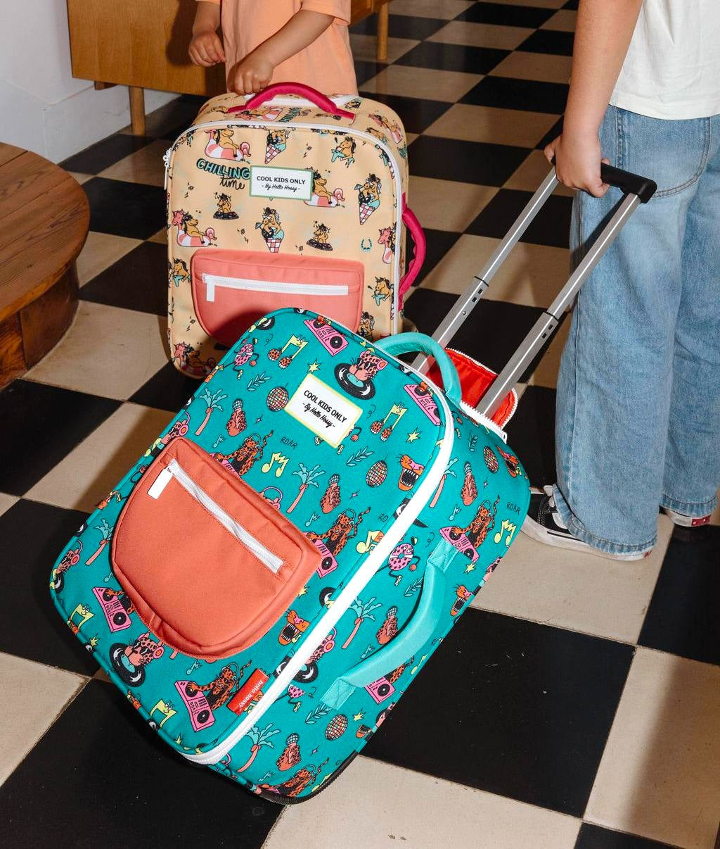 Mala de viagem infantil verde e coral com estampado de música e animais, pega telescópica Hello Hossy