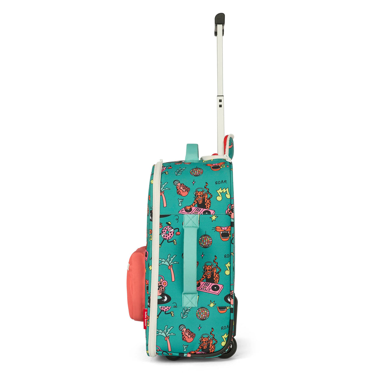 Mala de viagem infantil verde com motivo de música, rodas e pega Hello Hossy