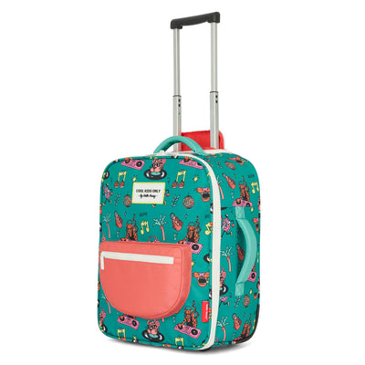 Mala de viagem infantil verde com padrão de música, bolsos coral e pega retrátil Hello Hossy