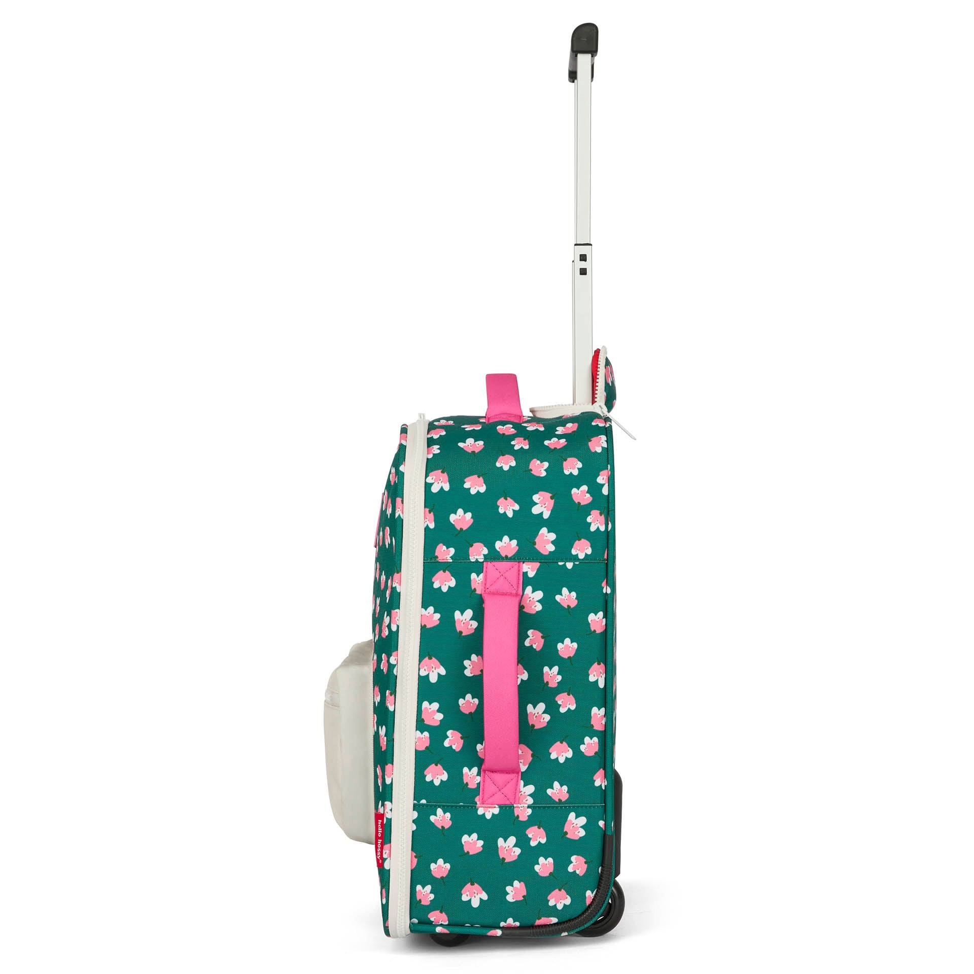 Mala de viagem infantil verde com padrão de flores e pega rosa Hello Hossy