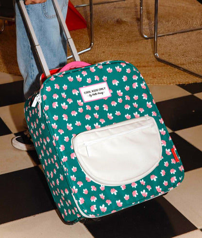 Mala de viagem infantil verde com estampado de flores, bolso branco Hello Hossy