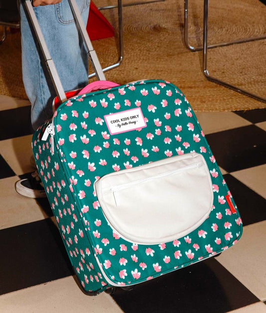 Mala de viagem infantil verde com estampado de flores, bolso branco Hello Hossy