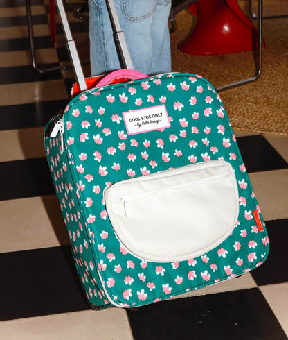 Mala de viagem infantil verde com motivo de flores e bolso branco Hello Hossy