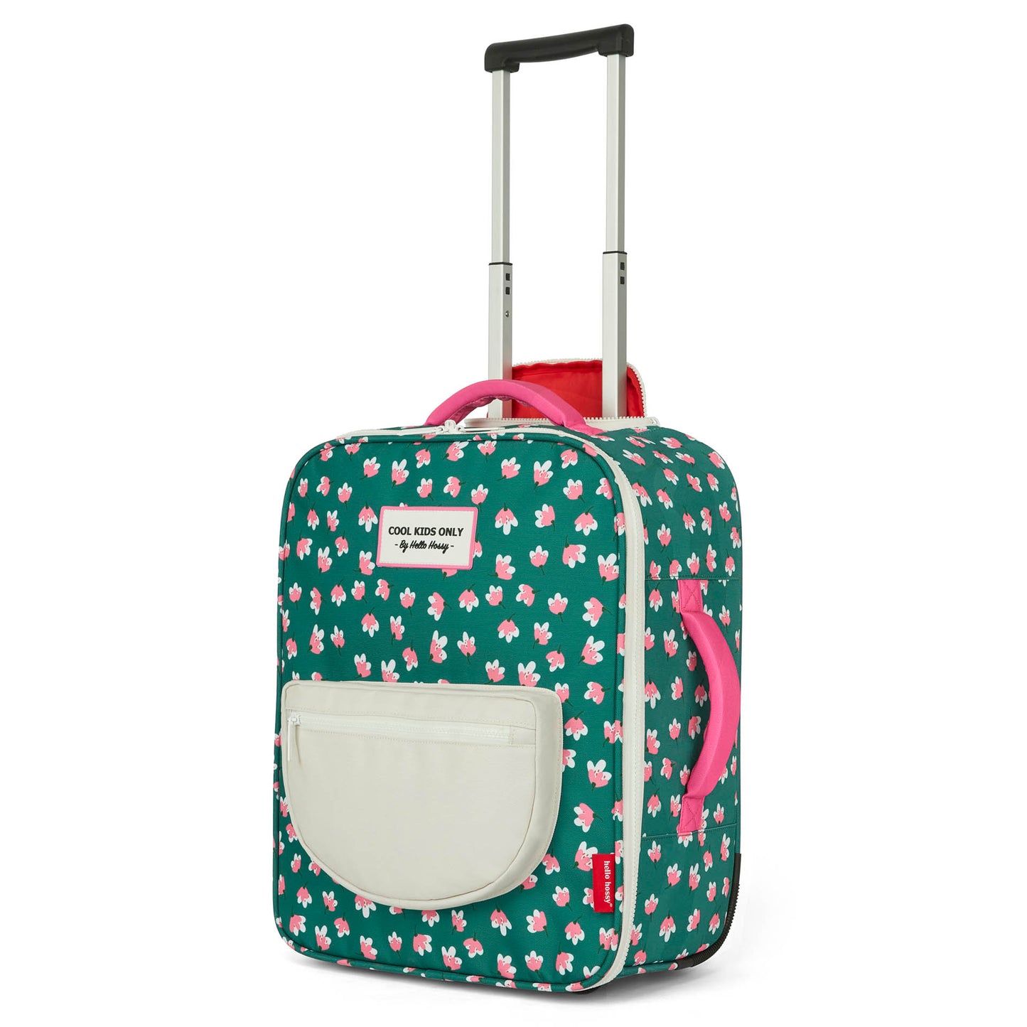 Mala de viagem infantil verde com padrão de flores e pegas rosas Hello Hossy