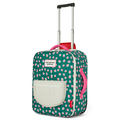 Mala de viagem infantil verde com padrão de flores e pegas rosas Hello Hossy