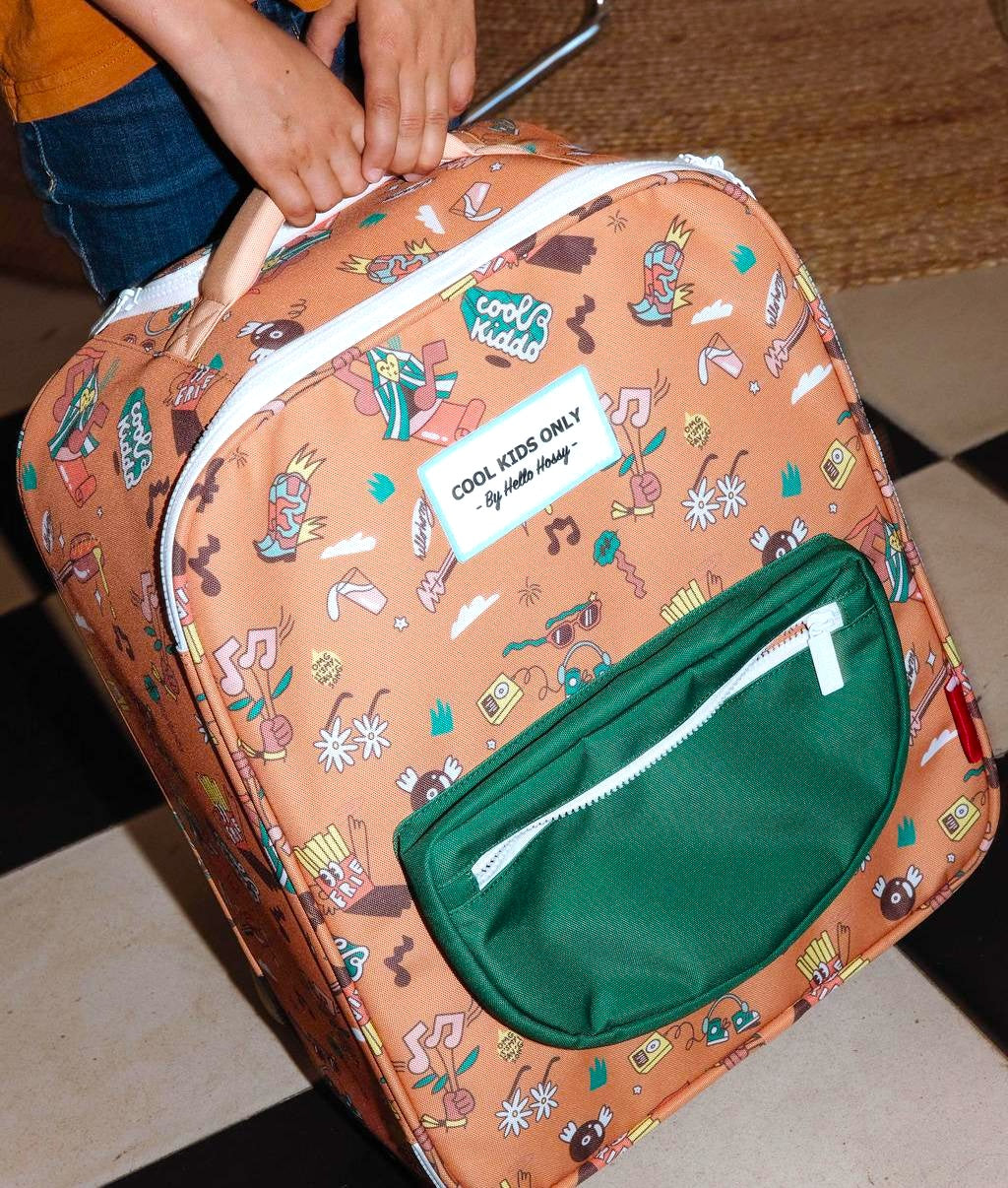 Mala de viagem infantil castanha com padrão de música, bolso verde Hello Hossy