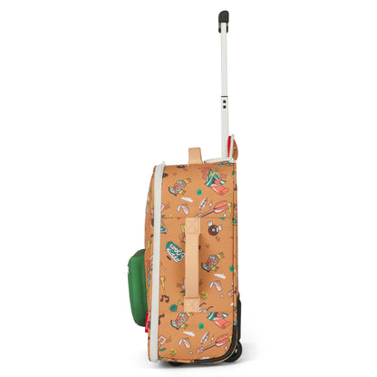 Mala de viagem infantil castanha com padrão de música, bolso verde, pega retrátil Hello Hossy