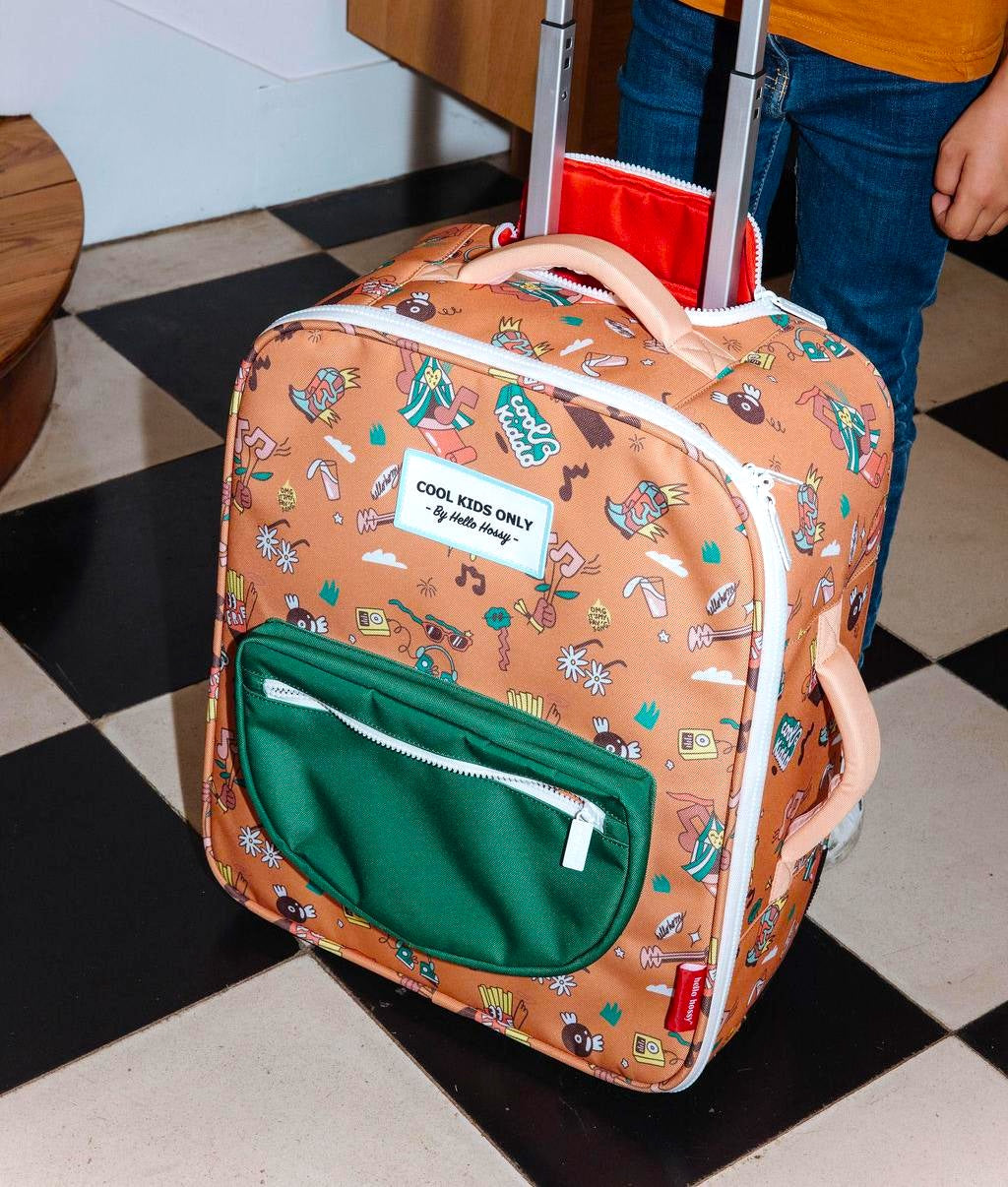 Mala de viagem infantil castanha com estampado música, bolso frontal verde Hello Hossy