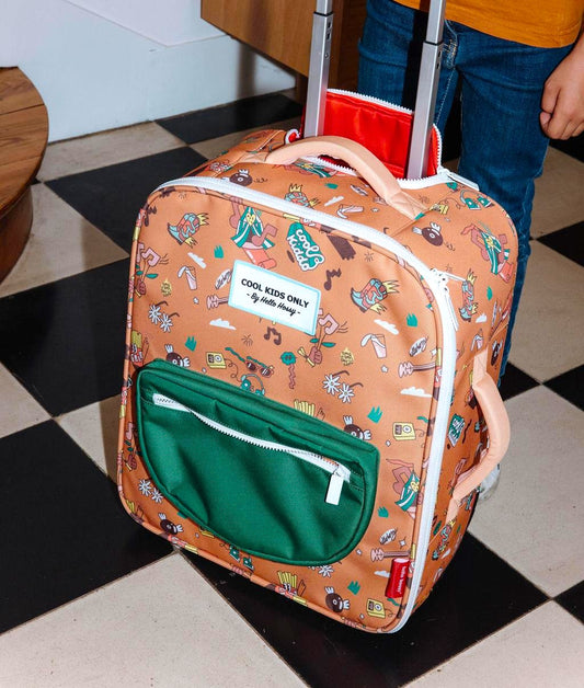 Mala de viagem infantil castanha com estampado música, bolso frontal verde Hello Hossy