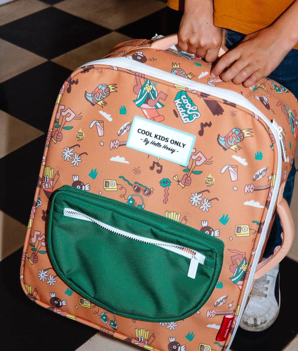 Mala de viagem infantil castanha com padrão de música, bolso verde Hello Hossy