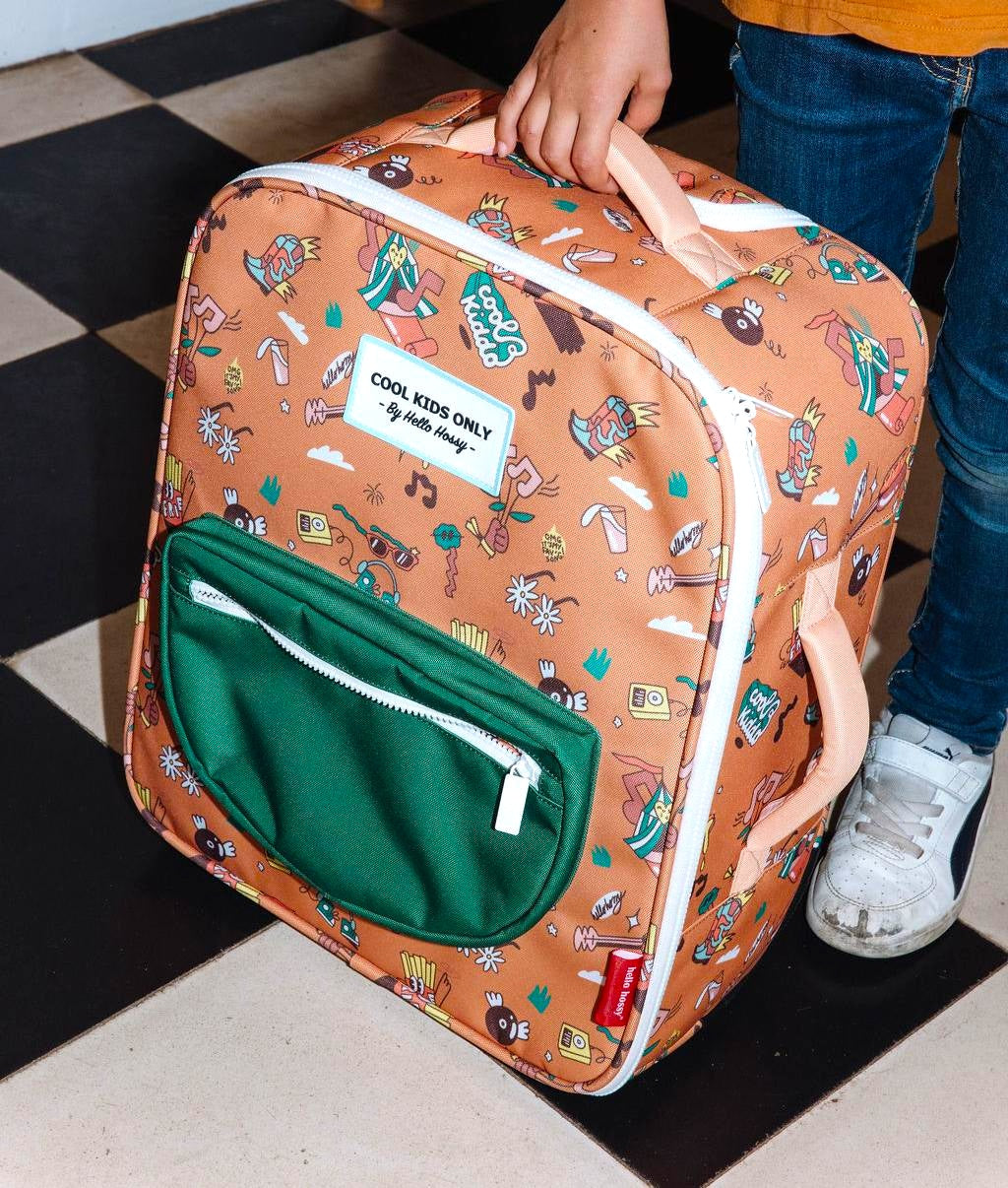 Mala de viagem infantil castanha com padrões de música, bolso verde Hello Hossy
