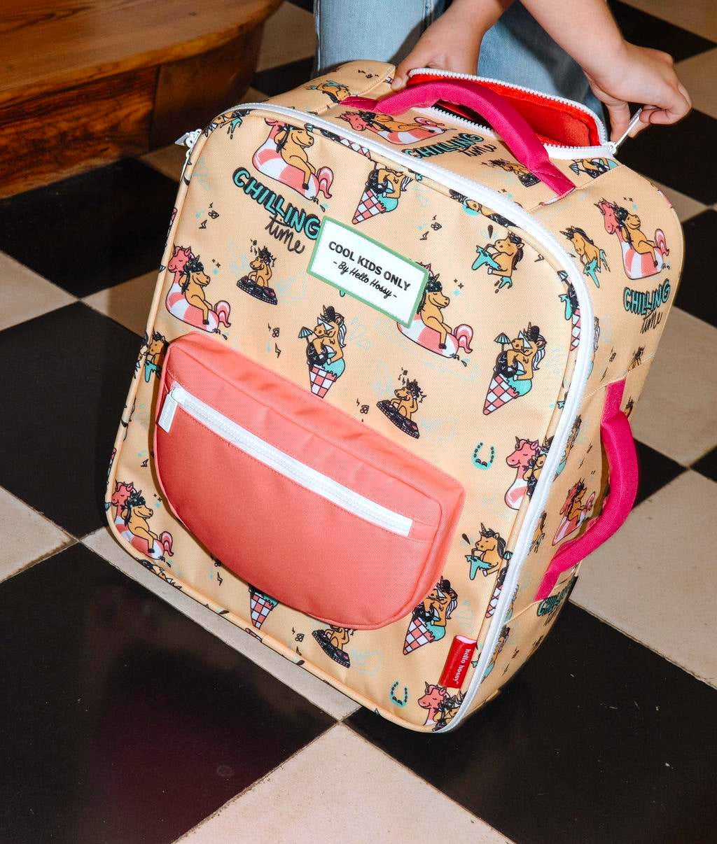 Mala de viagem bege para criança com padrão de unicórnio e bolso rosa Hello Hossy