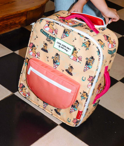 Mala de viagem bege para criança com padrão de unicórnio e bolso rosa Hello Hossy