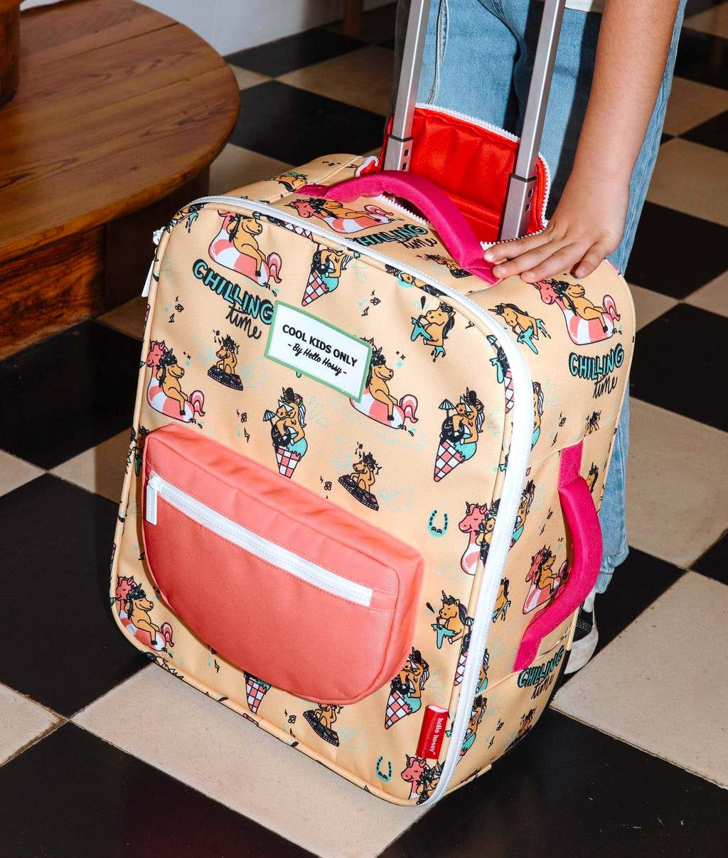 Mala de viagem infantil laranja amarelo rosa com padrão de unicórnio e bolso coral Hello Hossy