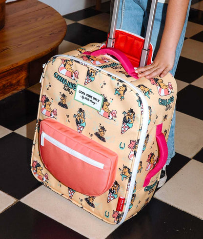Mala de viagem infantil laranja amarelo rosa com padrão de unicórnio e bolso coral Hello Hossy