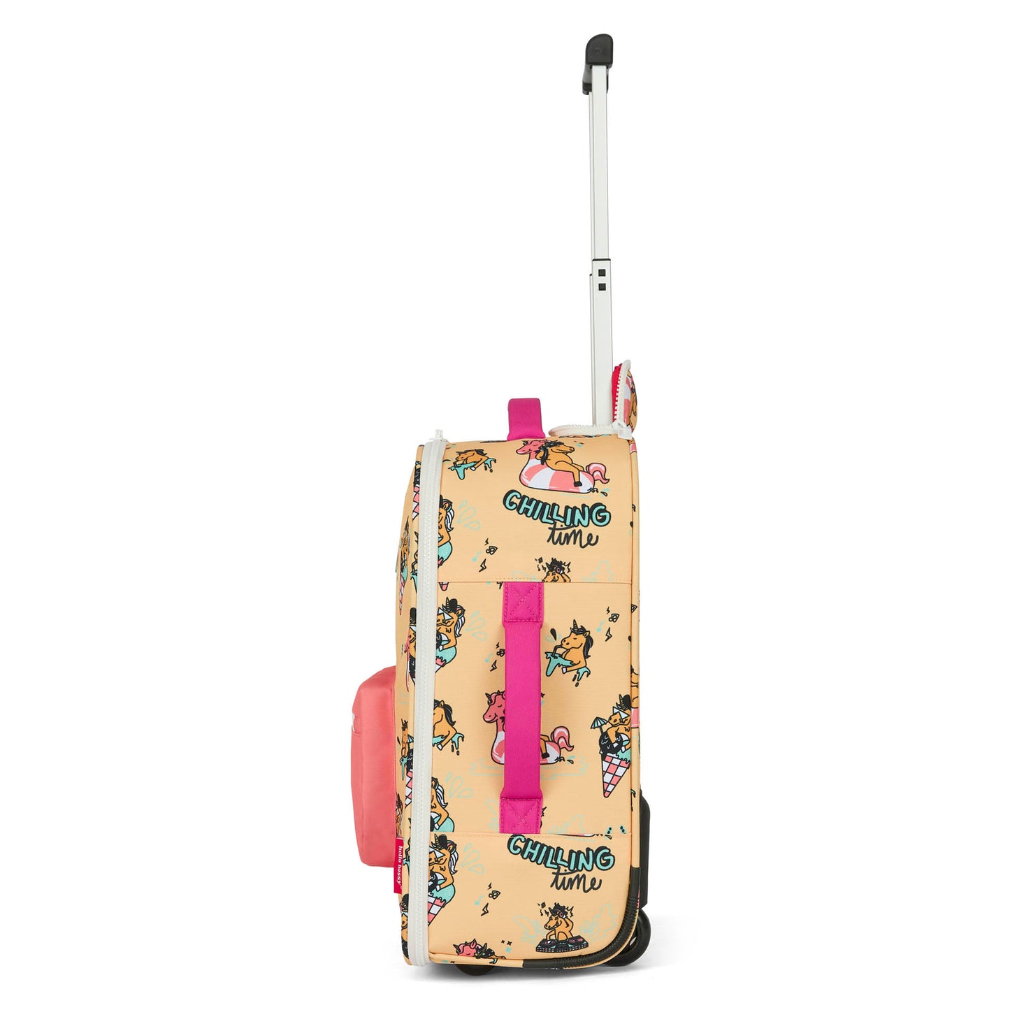 Mala de viagem infantil amarela com estampado de unicórnios rosa e pega extensível Hello Hossy