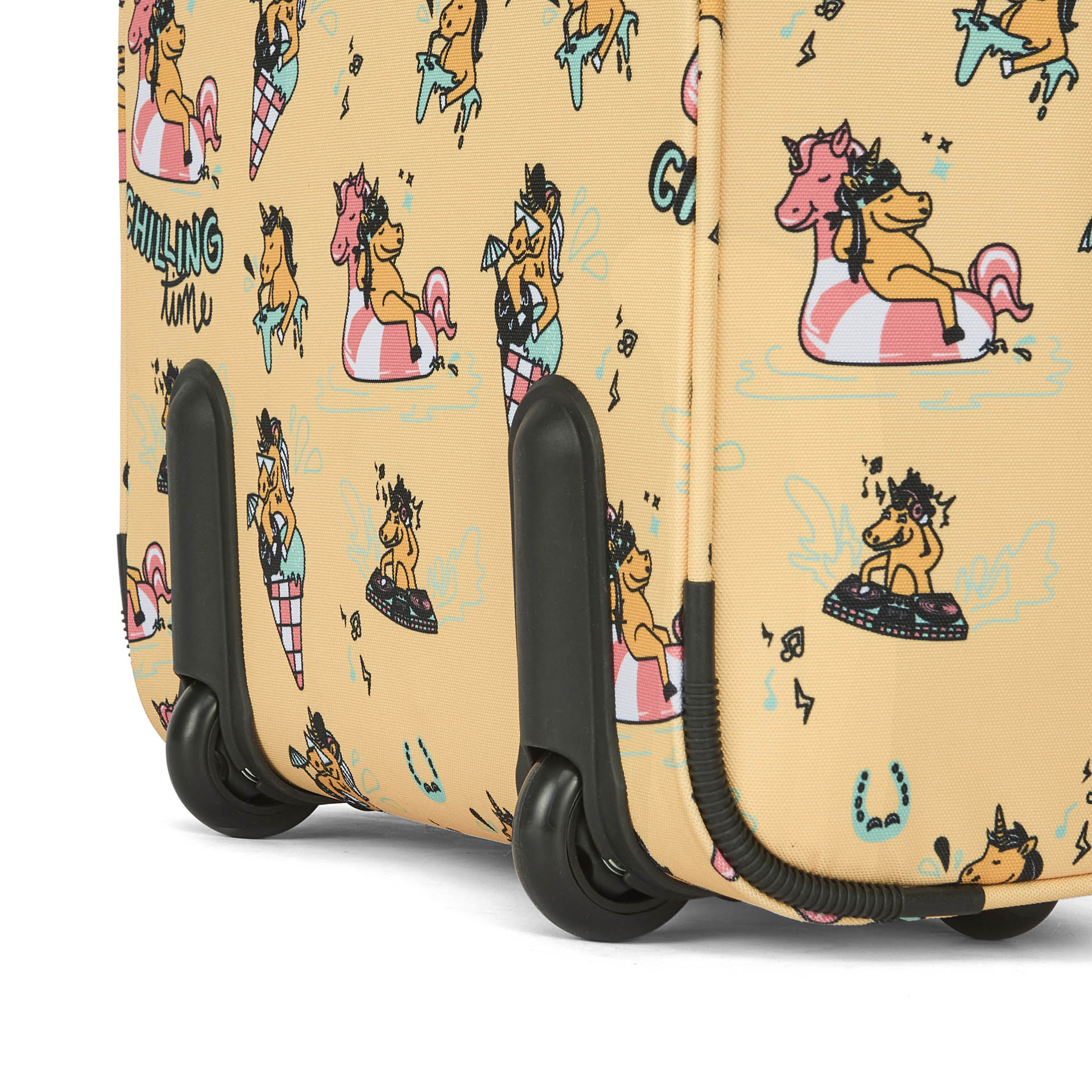 Mala de viagem infantil amarela com estampado de unicórnios multicoloridos, rodas e cantos reforçados, Hello Hossy