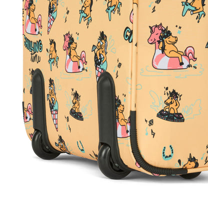 Mala de viagem infantil amarela com estampado de unicórnios multicoloridos, rodas e cantos reforçados, Hello Hossy