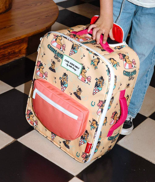 Mala de viagem infantil laranja e rosa, padrão unicórnio, bolso frontal Hello Hossy