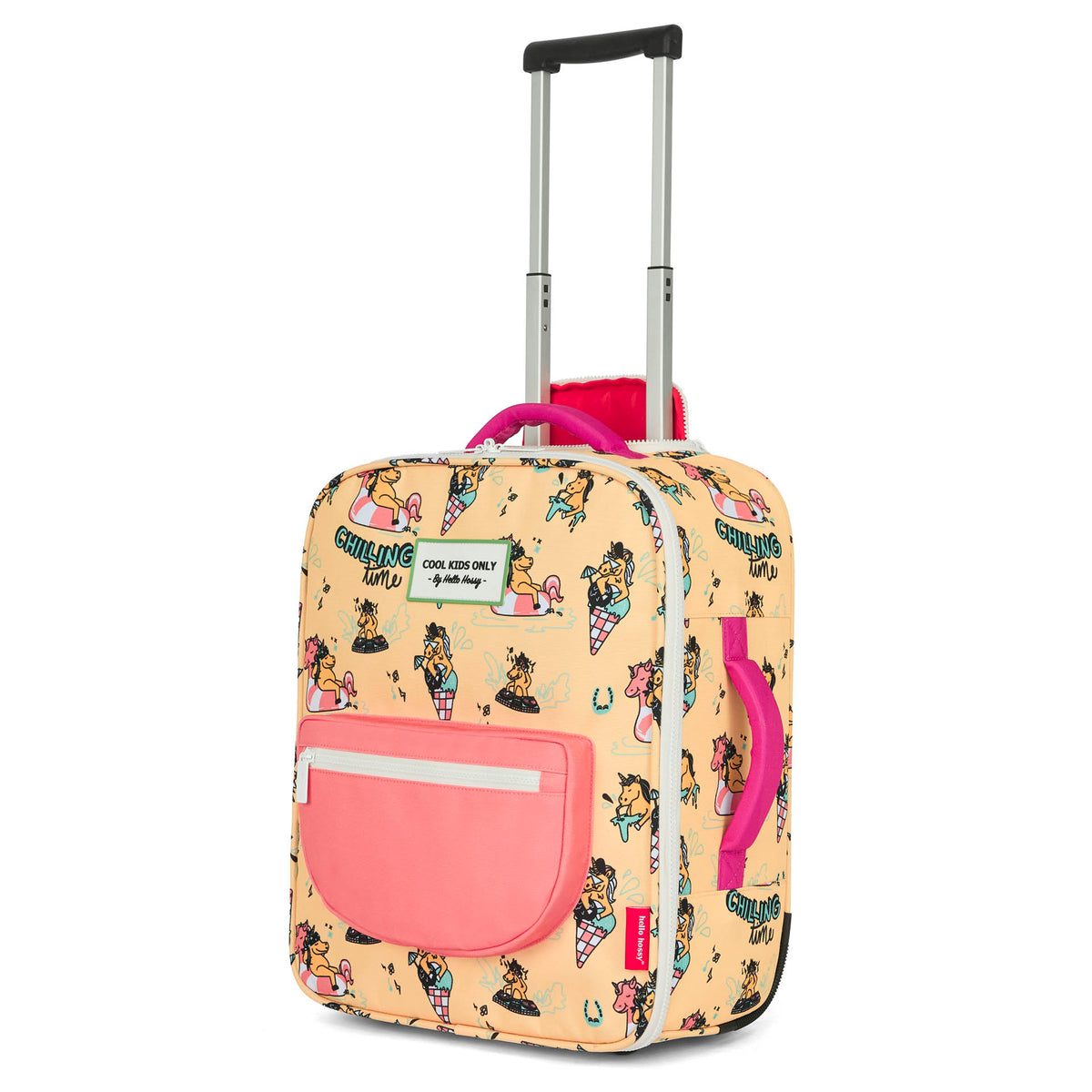 Mala de viagem infantil amarela com padrão de unicórnios rosa, pega e rodas Hello Hossy