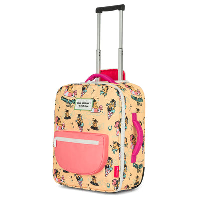 Mala de viagem infantil amarela com padrão de unicórnios rosa, pega e rodas Hello Hossy