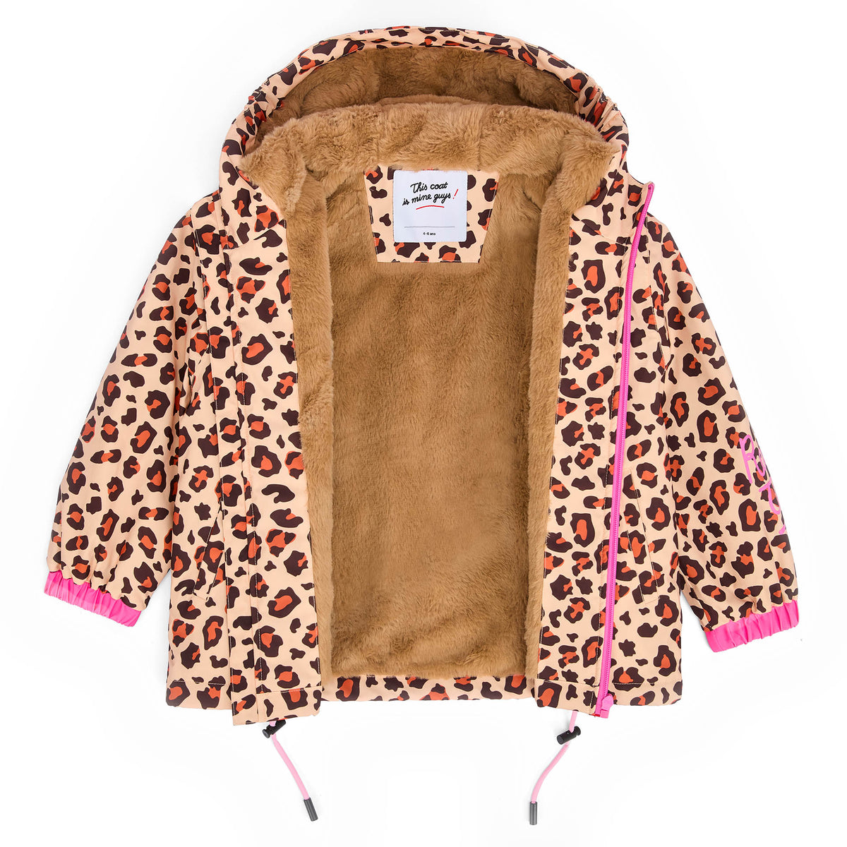 Veste hiver enfant motif léopard marron intérieur fausse fourrure capuche Hello Hossy