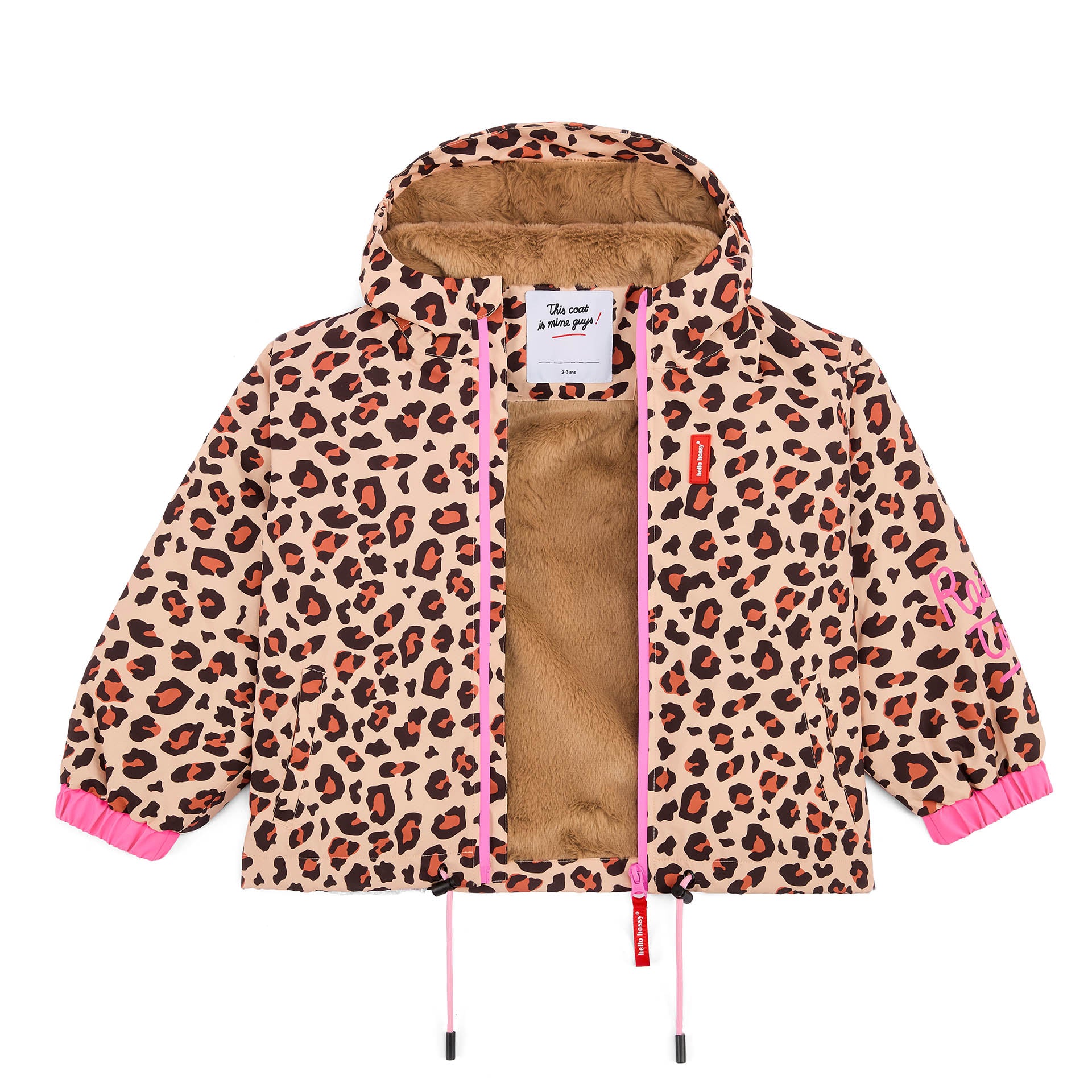 Casaco de inverno infantil com padrão leopard castanho, interior em pelo sintético e capuz Hello Hossy