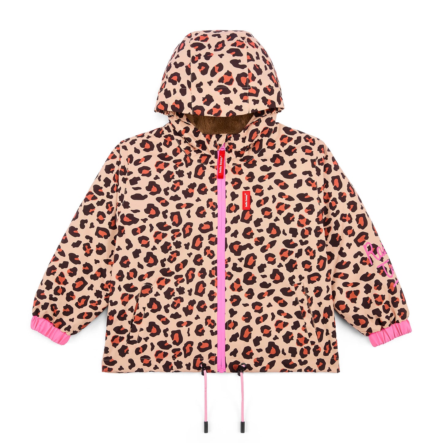 Casaco de inverno infantil castanho com estampado leopard, bolsos e capuz Hello Hossy