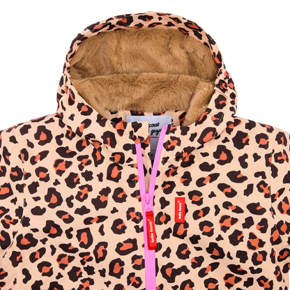 Casaco de inverno infantil com padrão leopard castanho e forro de pelo sintético Hello Hossy