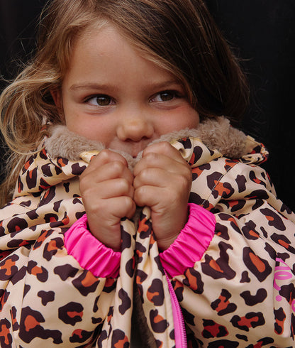 Casaco de inverno para criança com padrão leopard rosa néon e forro de pelo Hello Hossy