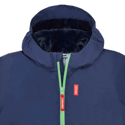 Casaco de inverno infantil azul marine com forro de pelo sintético e fecho verde Hello Hossy