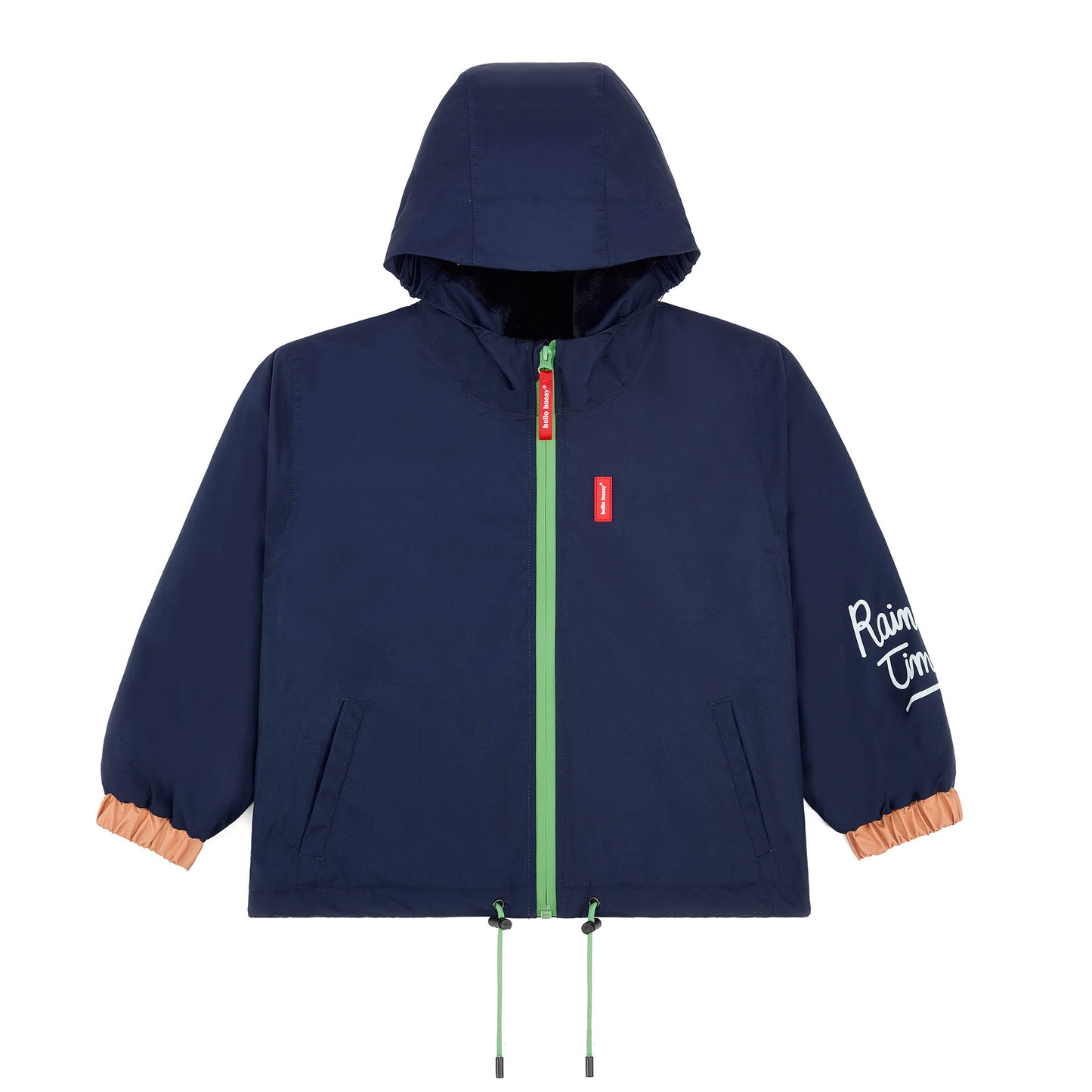 Casaco de inverno infantil azul marine com capuz, detalhes laranja, fecho verde Hello Hossy