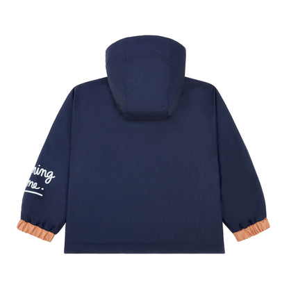 Casaco de inverno infantil azul marine, capuz, mangas elásticas e detalhes laranja Hello Hossy