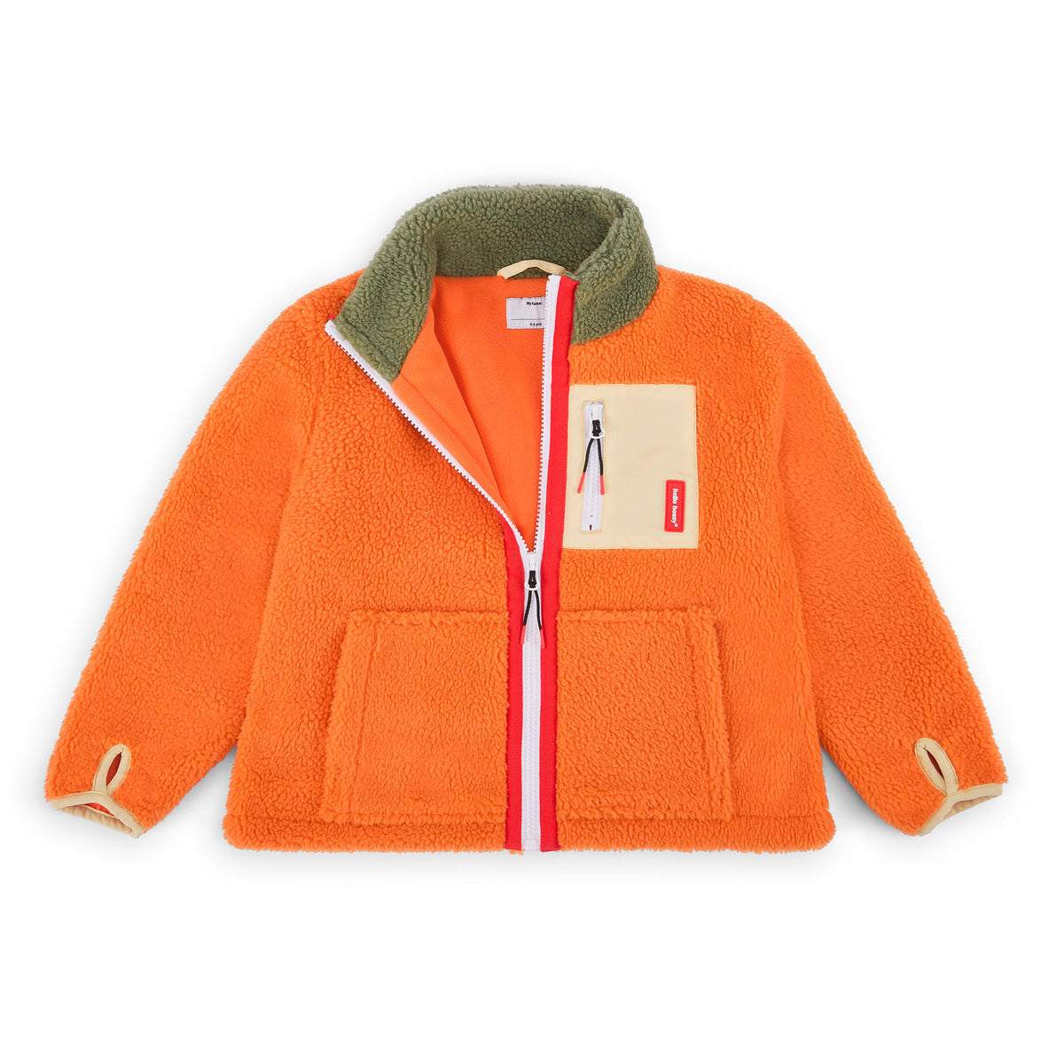 Casaco polar para criança laranja e bege, bolso com fecho de correr, gola contrastante Hello Hossy