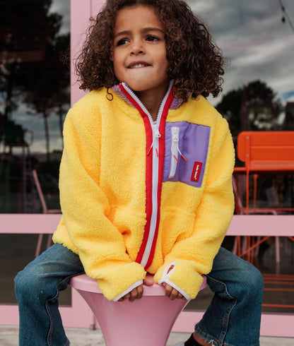 Casaco polar para criança amarelo e lilás com bolso com fecho Hello Hossy