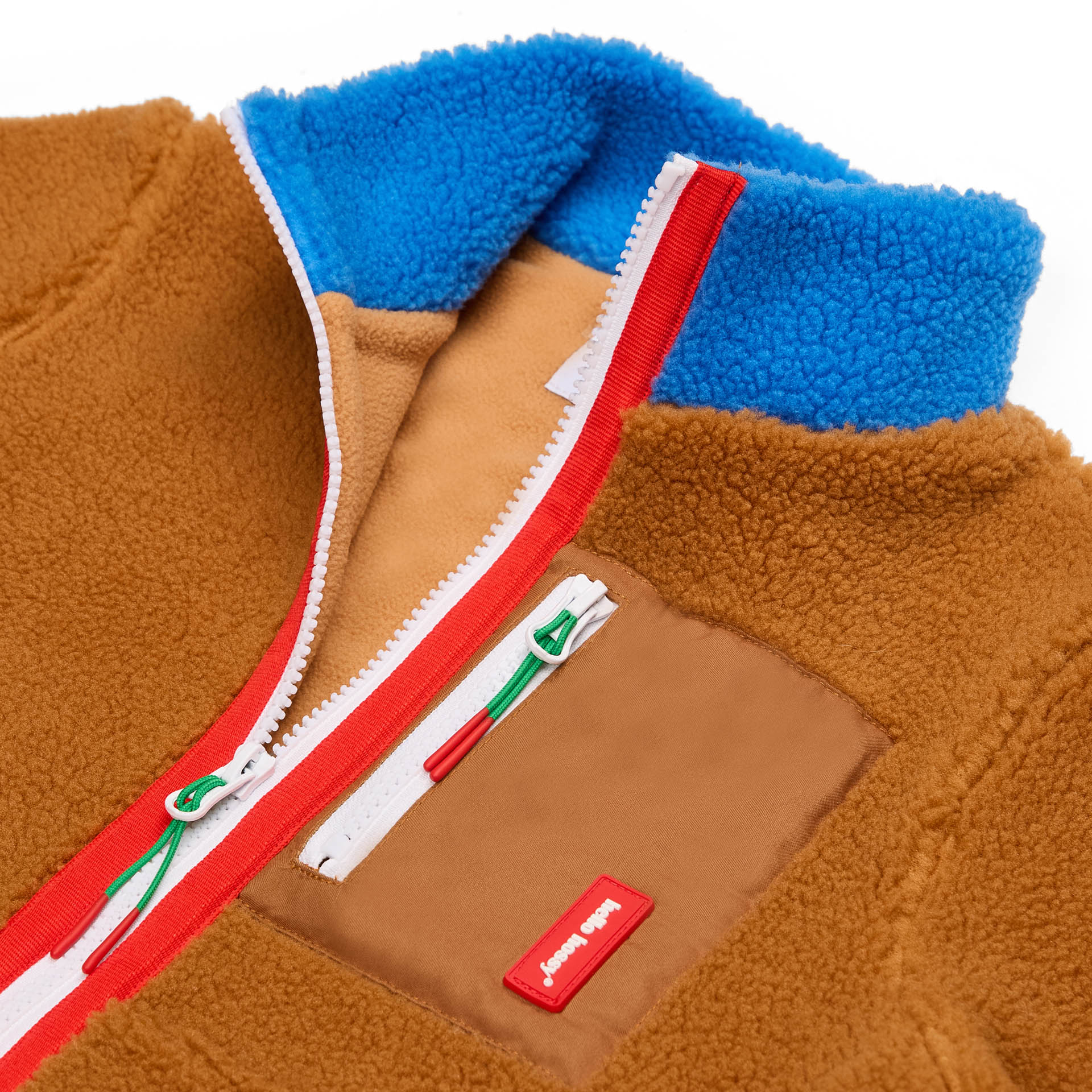 Casaco polar bicolor azul e Camel infantil com fecho de correr Hello Hossy