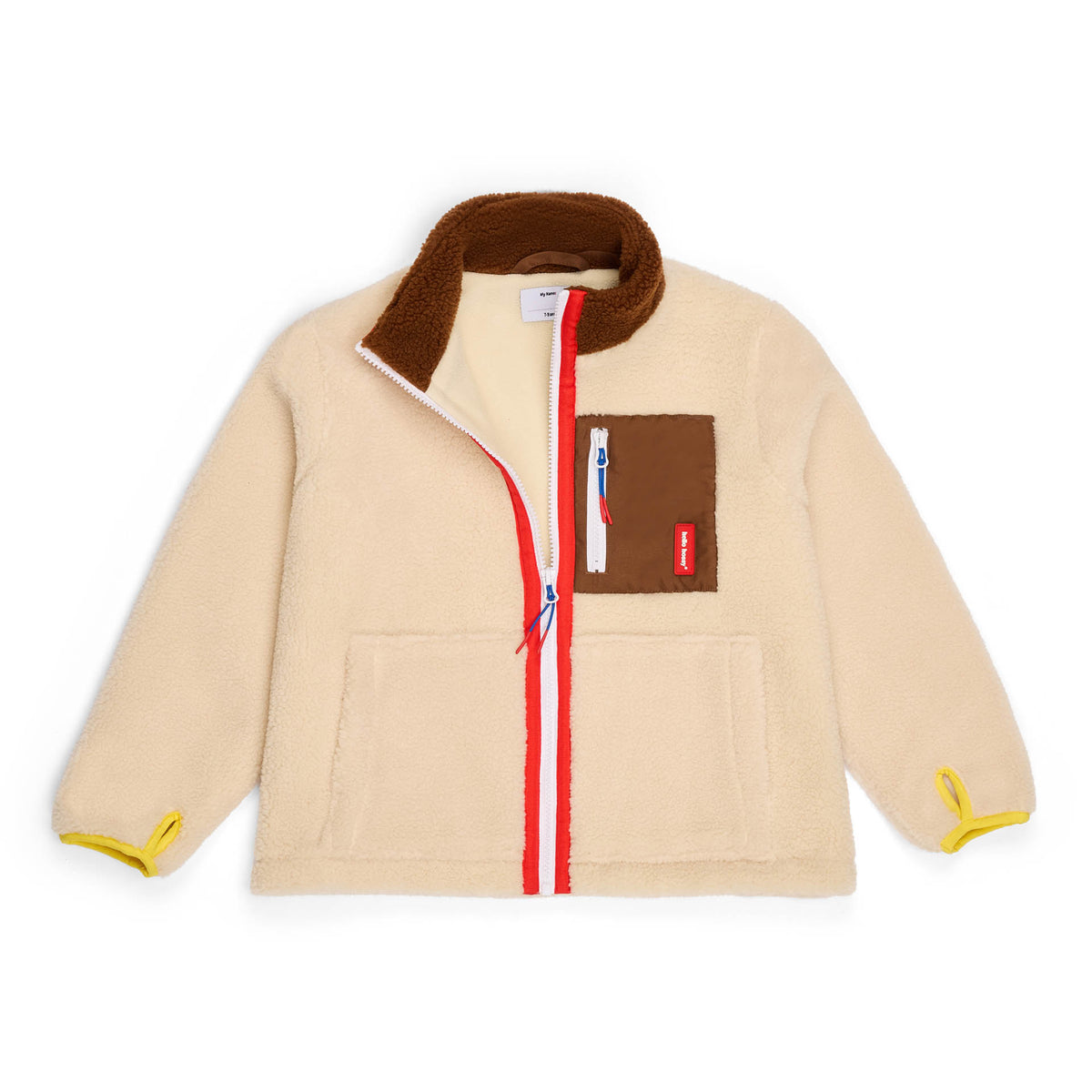 Casaco polar infantil creme e castanho, vista plana Hello Hossy
