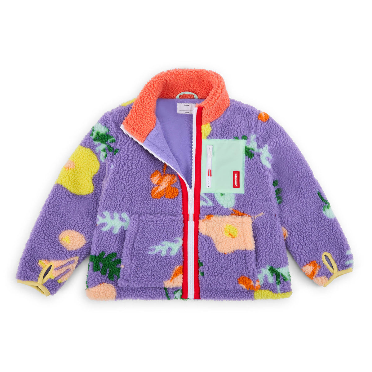 Casaco polar infantil lilás padrão flores bolso com fecho verde Hello Hossy