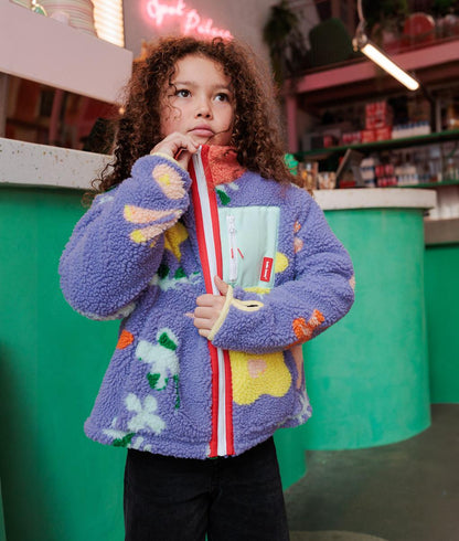 Casaco polar para criança lilás com padrão de flores, bolso com fecho Hello Hossy