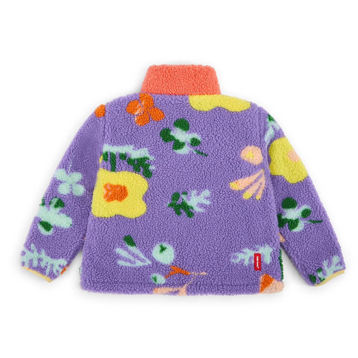 Casaco polar infantil lilás com padrão de flores e gola laranja Hello Hossy