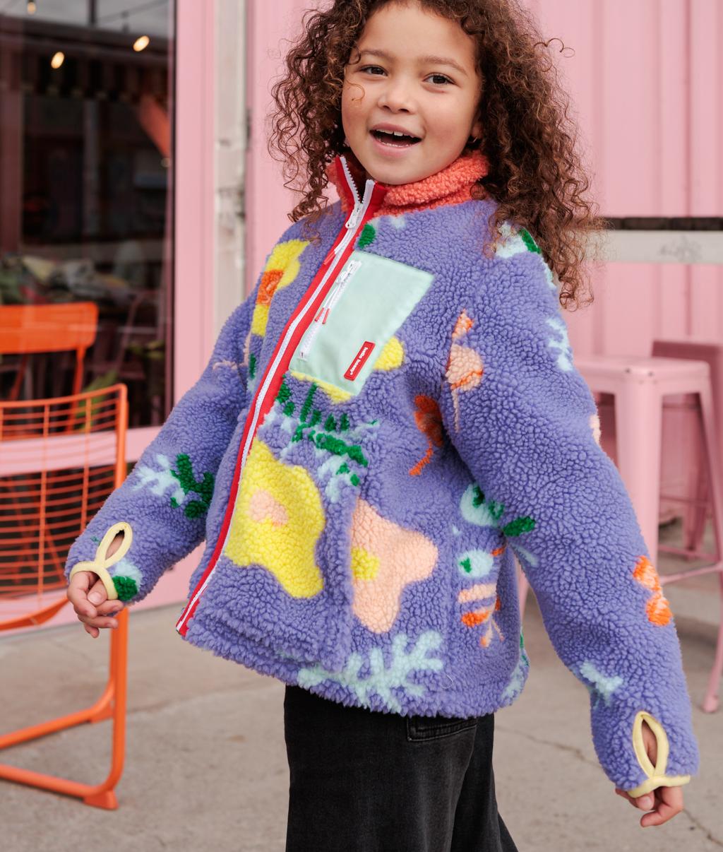 Casaco polar para criança lilás com padrão de flores, bolso com fecho Hello Hossy
