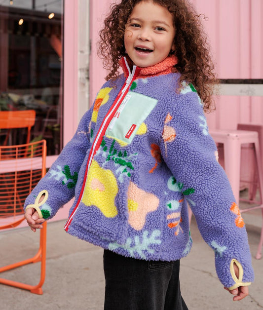 Casaco polar para criança lilás com padrão de flores, bolso com fecho Hello Hossy