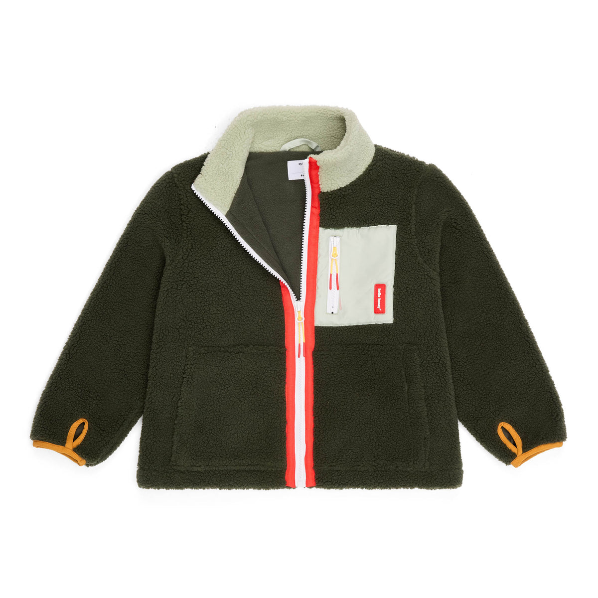 Casaco polar verde infantil, vista plana, Hello Hossy