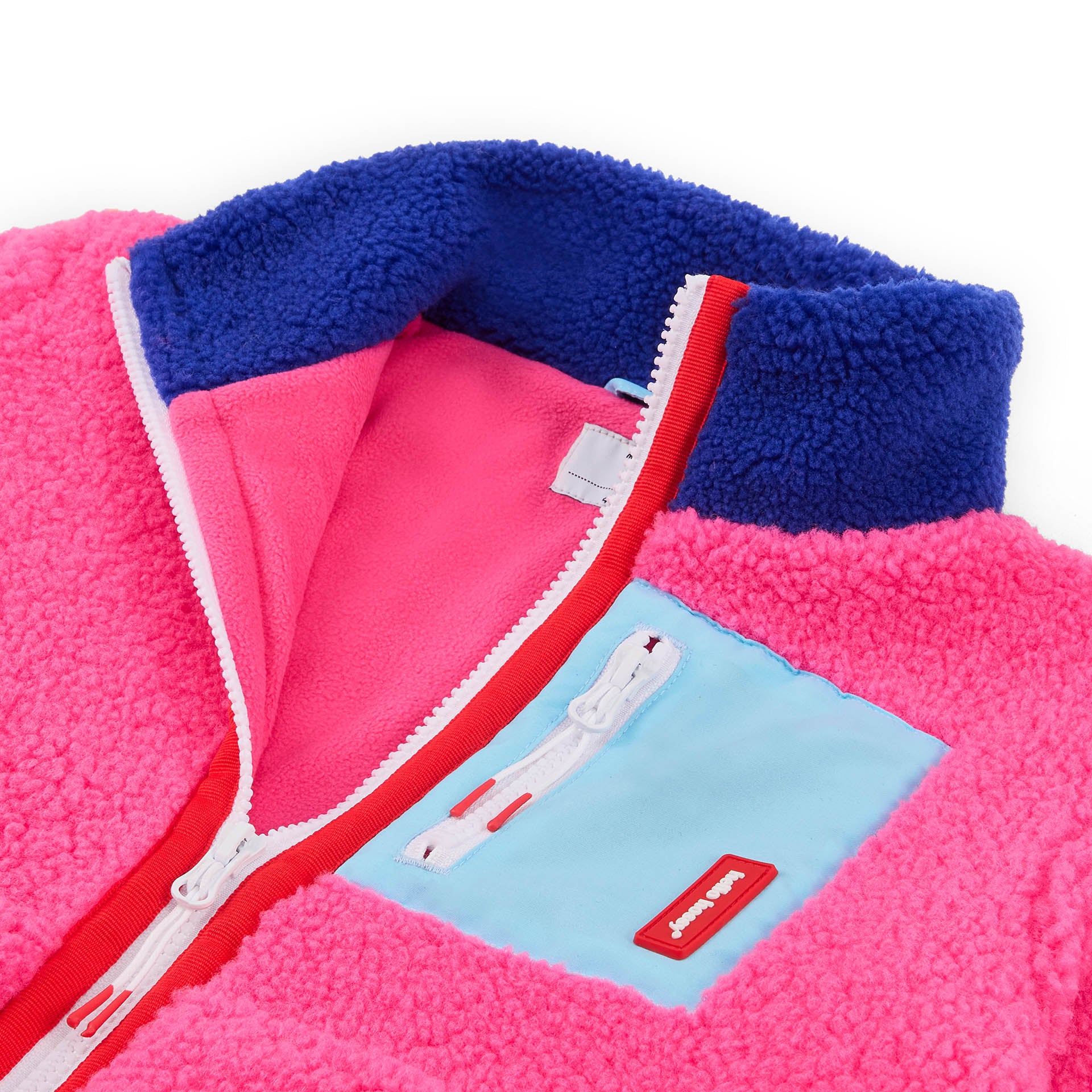 Casaco polar infantil fuchsia e azul, gola subida e bolso com fecho, Hello Hossy