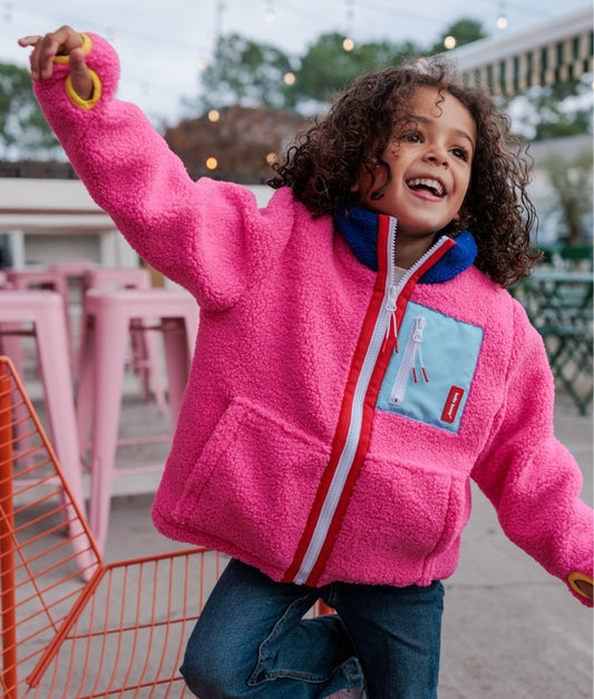 Casaco polar infantil fuchsia com bolso azul com fecho, Hello Hossy