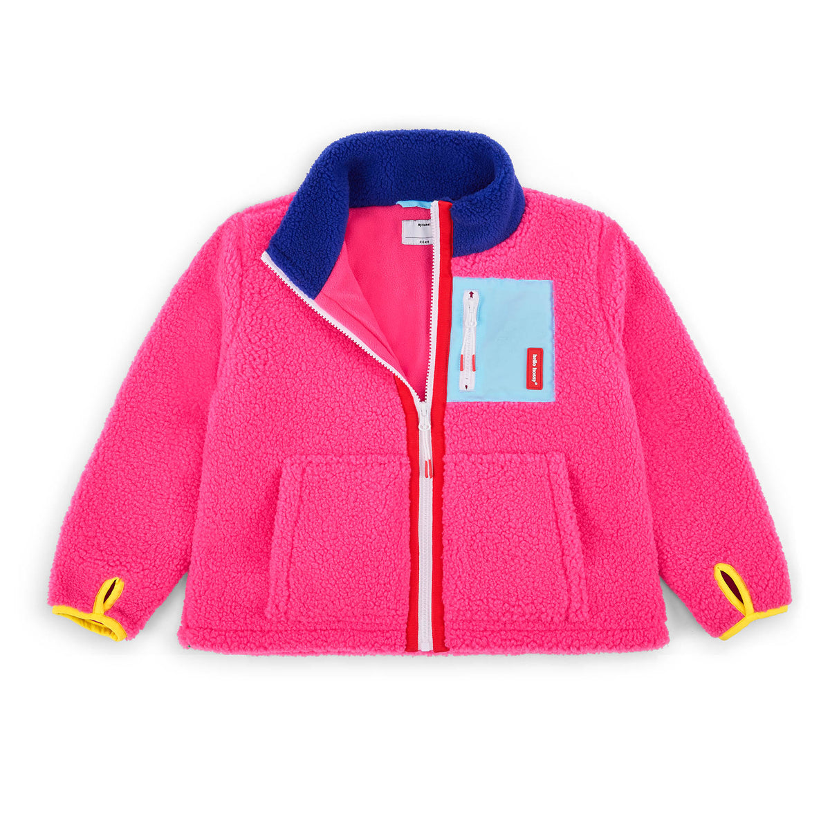 Casaco polar infantil fuchsia com bolso azul e detalhes amarelos Hello Hossy